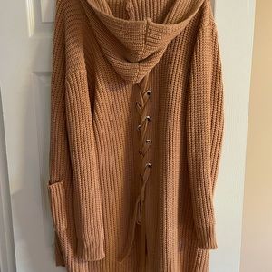 Tan cardigan with hood and tie up back